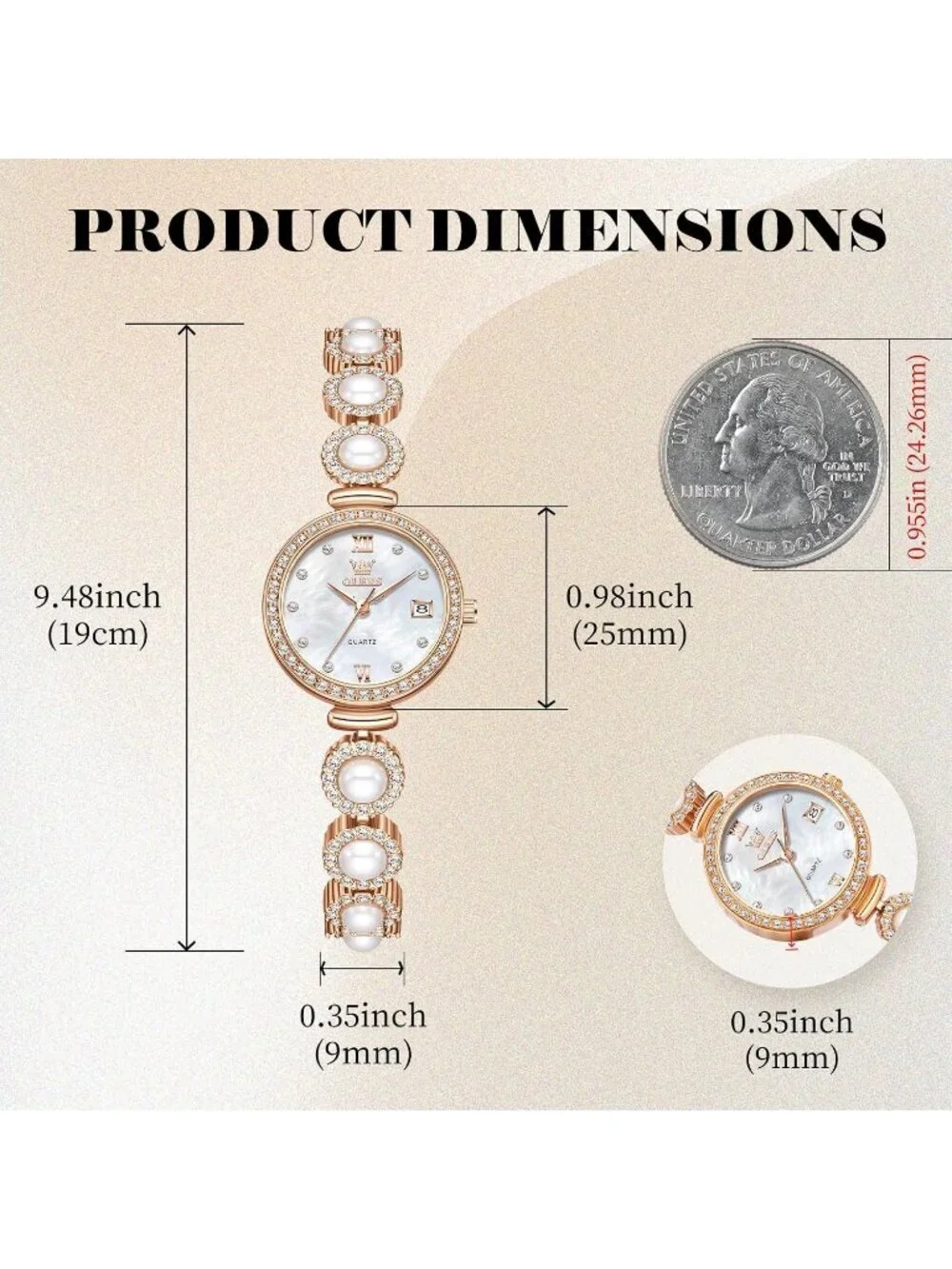 Women's Rose Gold Silver Analog Quartz Diamond Round Dial Pearl Bracelet Watch